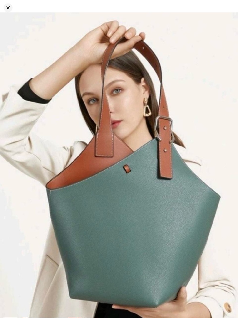 Maison De Beauty Elegant Green and Brown Two-Tone Leather Tote Bag